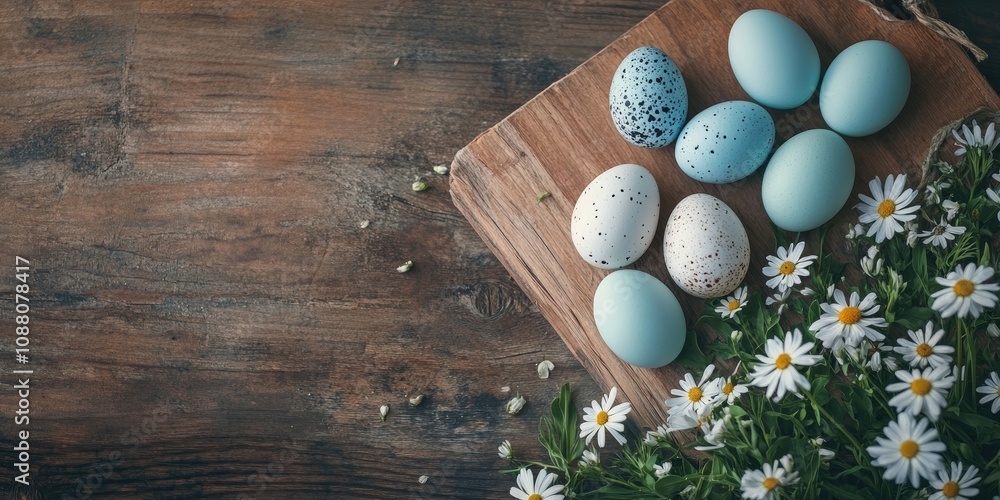 Poster tulis and eggs on a rustic wooden board as an easter card idea with copyspace.