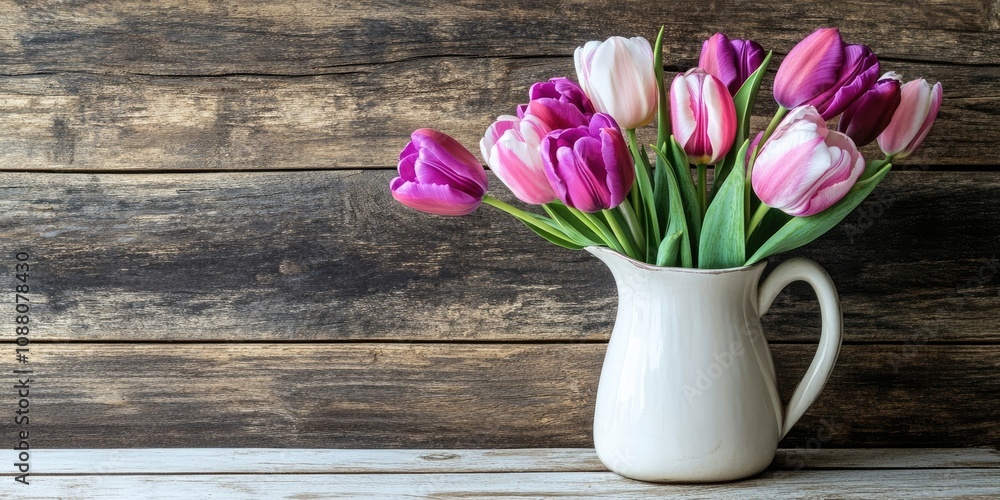Poster pink and purple tulips in a vintage white jug on a rustic wooden surface in a vertical layout with s