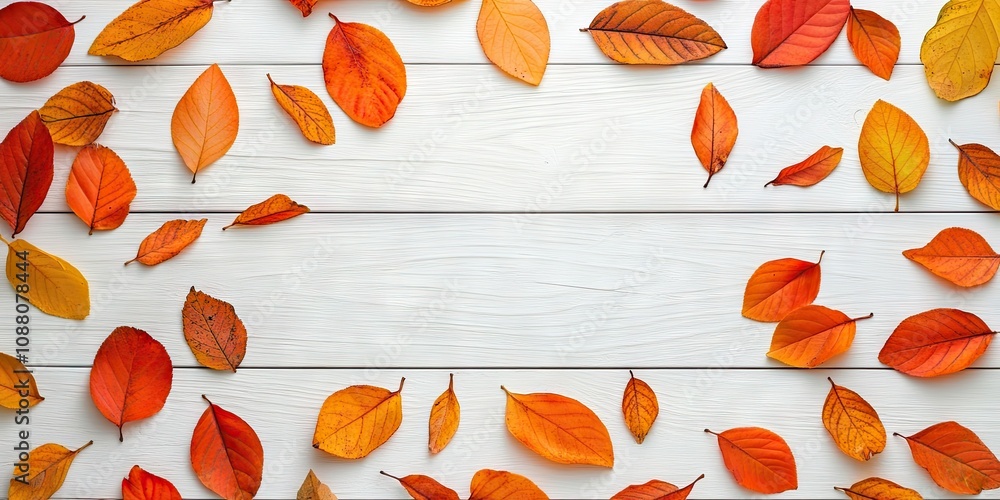 Poster A vibrant background image featuring fallen autumn leaves on a white wooden table-like surface. Top view, copy space.