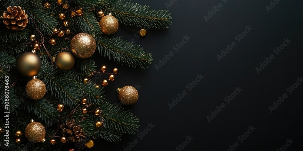 Poster a decorative branch of a christmas tree adorned with new year's ornaments and a garland against a bl