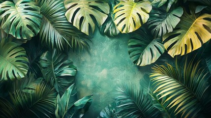 Lush green tropical leaves frame a textured background, creating a vibrant, natural aesthetic.