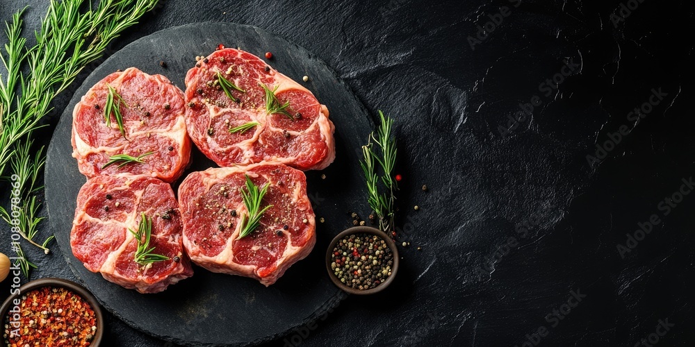 Poster raw osso buco meat with seasonings on a dark stone surface. top view with copyspace.
