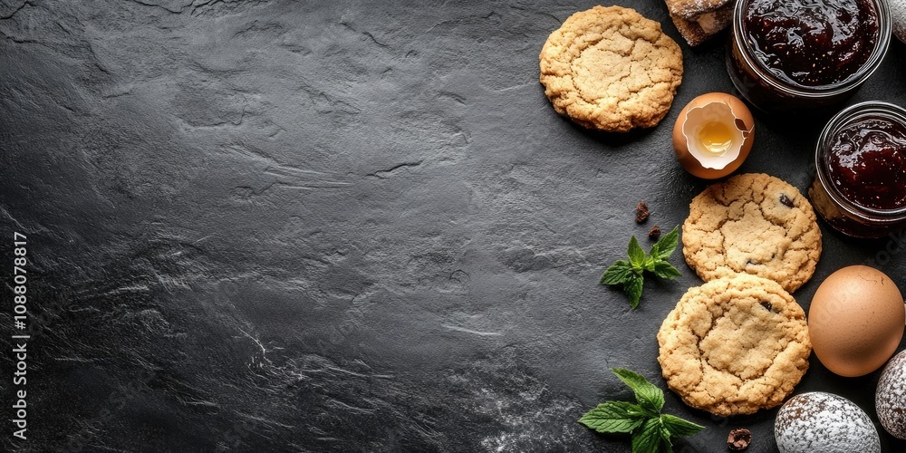 Aufkleber ingredients for homemade cookies. fresh cookies next to jam and eggs on a black background top view 