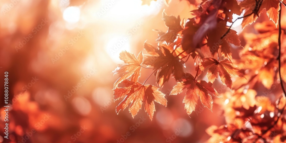 Poster vibrant autumn maple leaves with shallow depth of field under sunlight