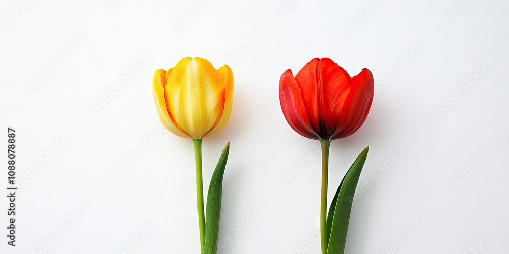 Poster a vertical image of two vibrant tulip flowers set against a white background, featuring space for yo