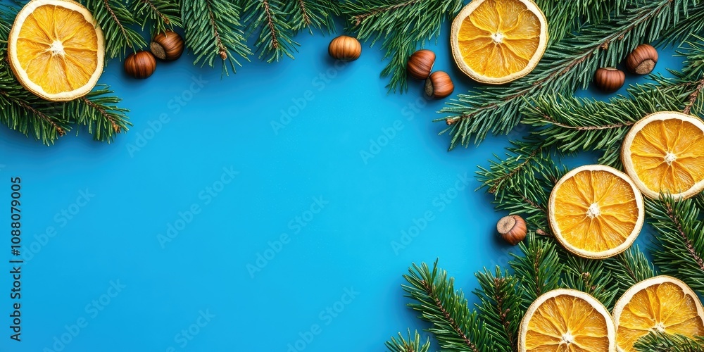 Poster green conifer branches with dried orange slices and hazelnuts on a blue background featuring copy sp