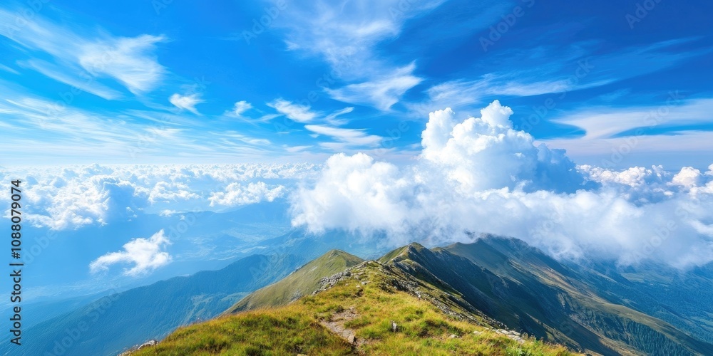 Aufkleber summer view from mountain summit looking at the blue sky with clouds below.