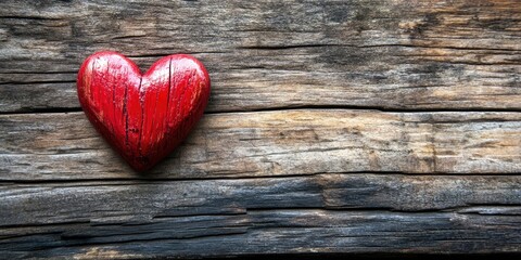 Fototapeta premium Red heart symbol on a wooden background, Valentine's Day theme.