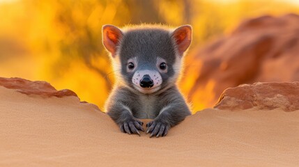 Obraz premium A young Tasmanian devil peeking over a sand-colored surface against a vibrant golden background.