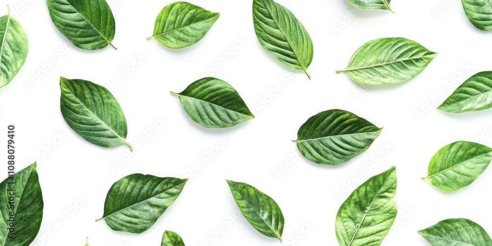 Poster green leaves pattern on a white background with copyspace.
