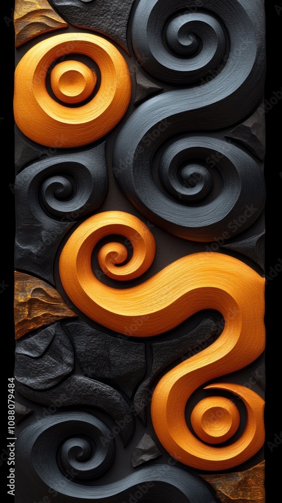 Poster abstract design featuring swirling patterns in black and orange.
