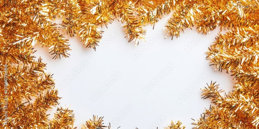 Poster Frame of glittering tinsel on a white background, top view. Space for text.