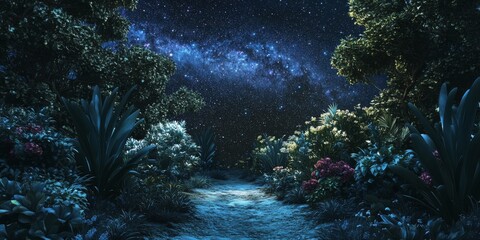 Obraz premium Magical Night Garden Milky Way Galaxy Lush Plants Dark Sky Tranquil Path