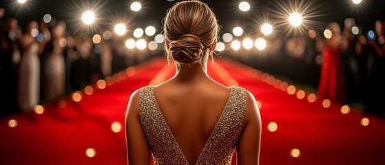 Glamorous evening with a full-figured woman on the red carpet surrounded by flashing lights