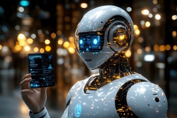 Fototapeta premium A sleek humanoid robot holding a digital screen displaying futuristic data in a glowing cityscape at night.