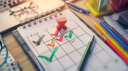 Fototapeta premium A planner with checkmarks and stationery, indicating organization and task completion.