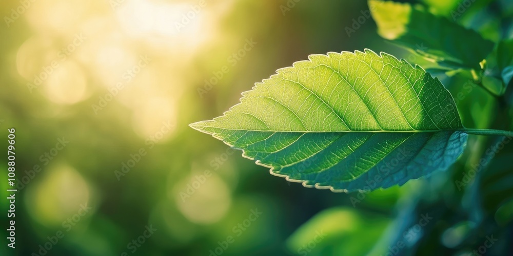 Poster close-up view of a green leaf with a blurred greenery background in a garden, featuring copyspace fo