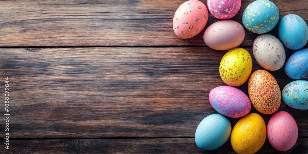 Poster flat lay of colorful easter eggs arranged on a wooden background. easter-themed backdrop or concept.