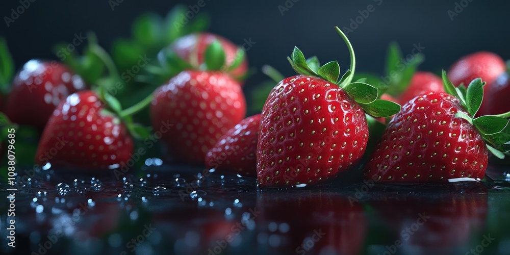 Poster Close-up of fresh strawberries set against a dark background for use in various media.