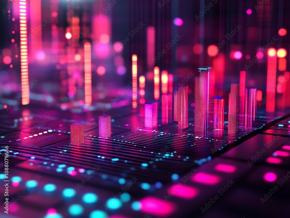 Poster abstract digital landscape with glowing pink and blue geometric shapes, representing data streams or