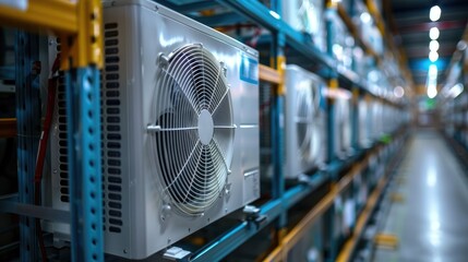 Naklejka premium Rows of air conditioning units in a warehouse.