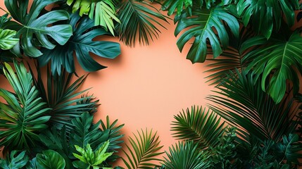 Lush green tropical leaves framing a coral background for a vibrant, natural aesthetic.