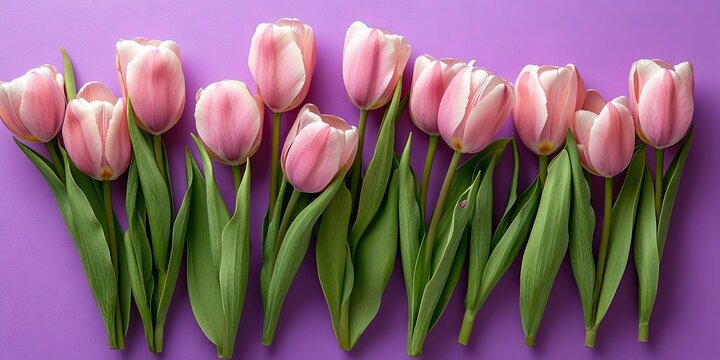 Bouquet of pink tulips on a purple background with copyspace. Top view. Flat lay. Vertical image. - Powered by Adobe