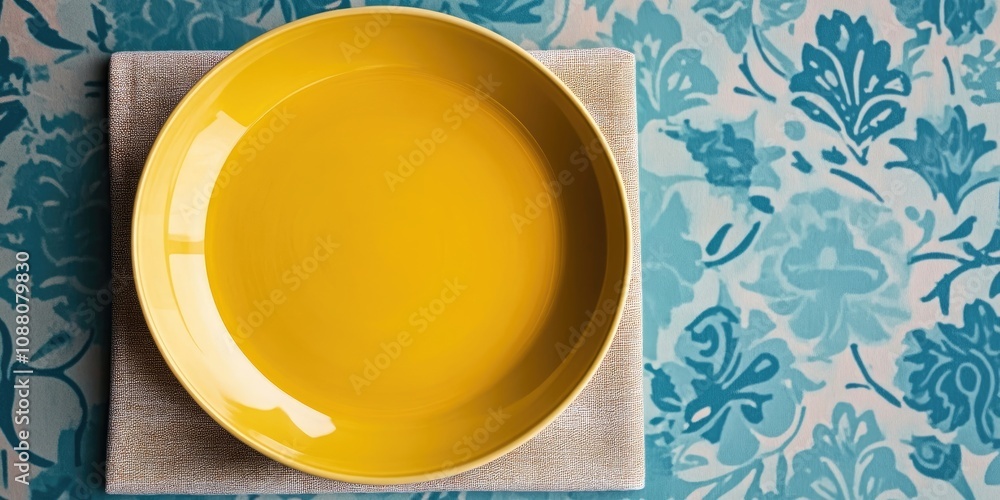 Aufkleber top view of an empty round yellow plate on a colored background tablecloth, ideal for food. the empt