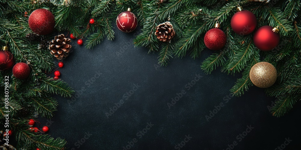 Aufkleber Christmas backdrop featuring a fir tree and ornaments. Top view with copyspace.