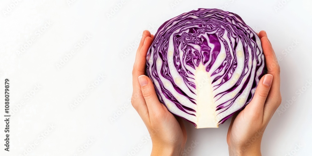 Aufkleber hands holding half of a red cabbage against a white background. copy space. top view.