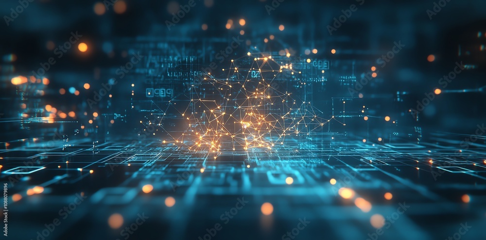 Aufkleber abstract digital network data glowing with orange and blue light.