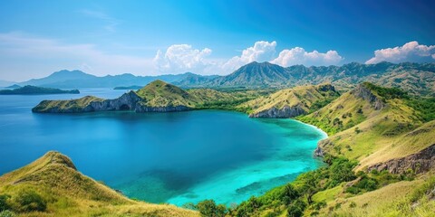 Obraz premium Stunning landscape featuring a turquoise lagoon and hills adorned with vegetation under a clear blue sky.