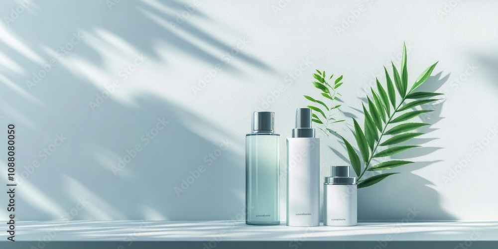 Poster minimal product display stand featuring cosmetic bottles and a green plant branch. cosmetics display