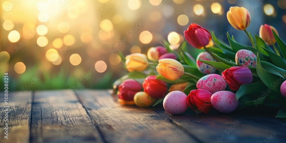 Poster easter theme backdrop. vibrant tulips and easter eggs. wooden table and background. lovely bokeh. sp