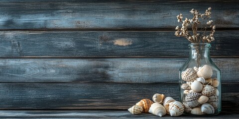 Seashells are set against a dark abstract backdrop of horizontally arranged boards, with a glass vase on the right side filled with shells. There is space available for text.
