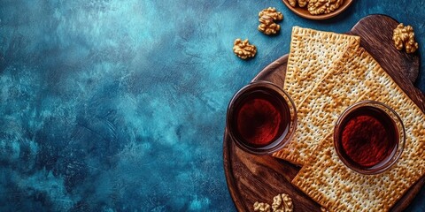 Passover celebration theme. Matzah, red kosher wine, and walnuts. Traditional Jewish ritual bread on a blue background. Passover cuisine. Pesach Jewish festival.