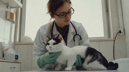 Cat calmly lying on veterinary examination table, trusting environment for health check. Animal care and trust in medical professionals.
