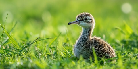 A cute Curlew chick rests in a grassy field.