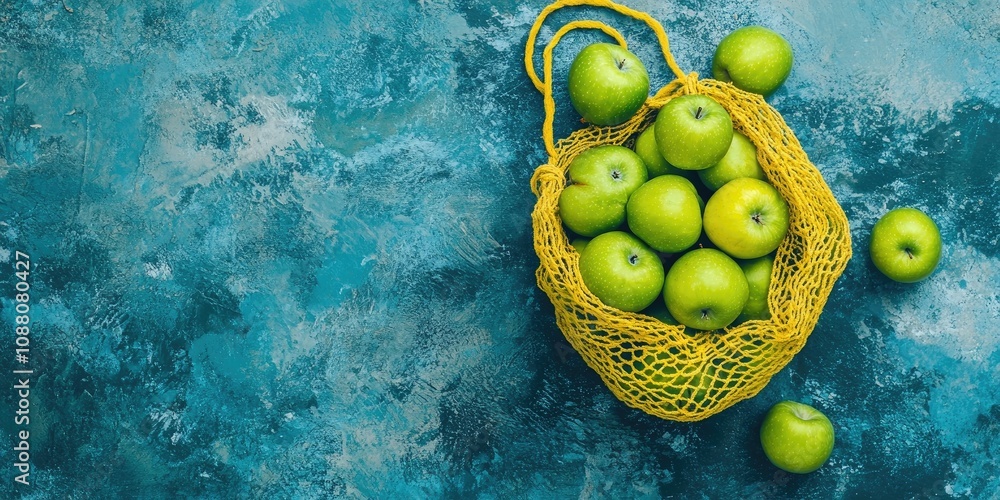 Poster a yellow string bag filled with green apples rests on blue concrete. the image includes copy space a