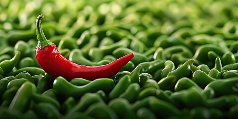 Close-up of a red chili against a background of green chilies, copy space.