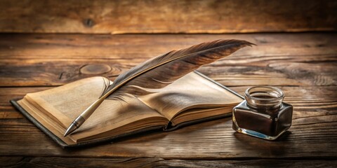 Old book with a feather and inkpot on a wooden table, vintage, retro, antique, literature, writing, author, manuscript