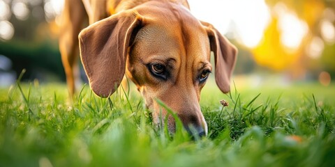 Large dog sniffing the grass to track, rescue, or hunt, with selective focus and copy space at the bottom of the image.