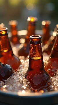 Chilled Beer Bottles Submerged in Ice for a Refreshing Experience