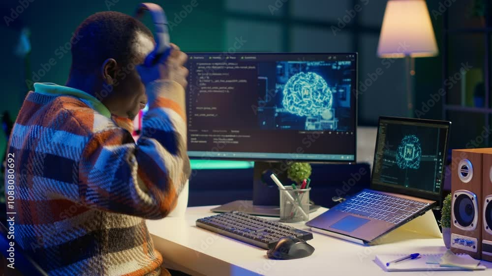 Poster african american worker at desk using personal computer for programming and data analysis. male netw