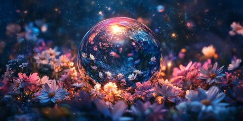 Mystical Crystal Ball in Glowing Flower Field Fantasy Nature Scene