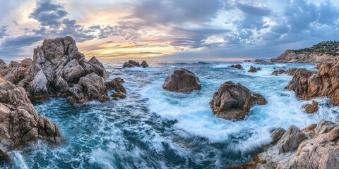 Obraz premium Panoramic view of rugged rocks in the ocean surrounded by waves and currents.