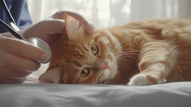 Cat calmly lying on veterinary examination table, trusting environment for health check. Animal care and trust in medical professionals.