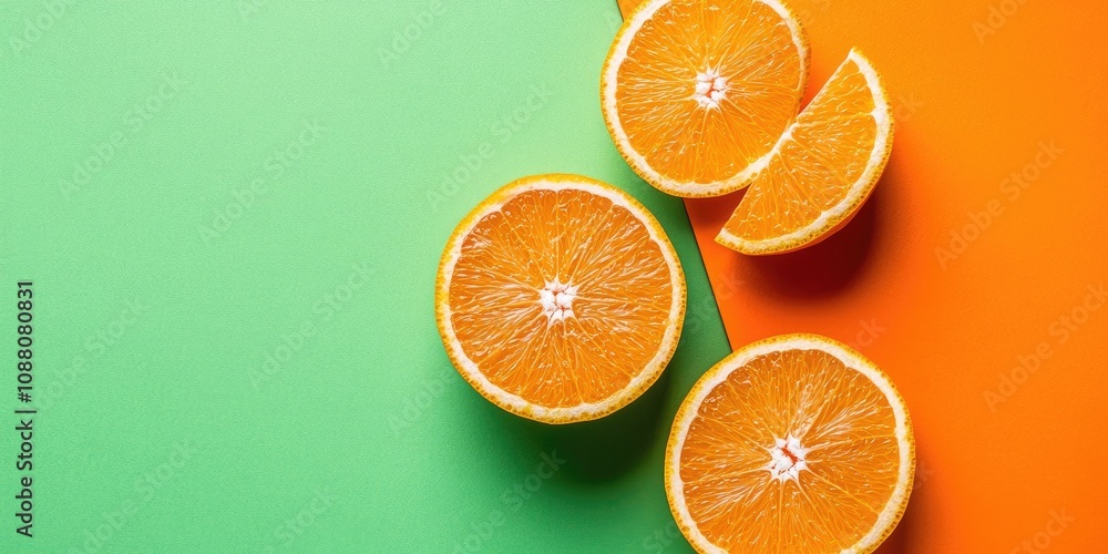 Fototapete fresh orange fruit slices on a colorful background. top view. copy space. creative summer idea. half