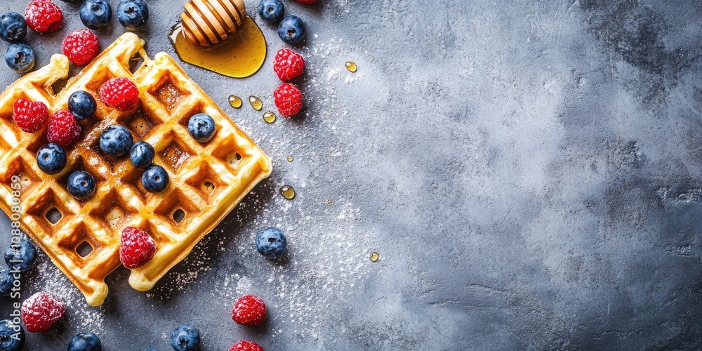 Poster homemade belgian waffles topped with berries and honey, set against a concrete background with copy 