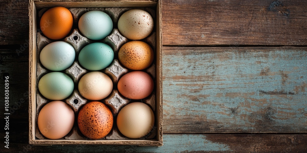 Poster A box filled with vibrant eggs on a rustic backdrop.